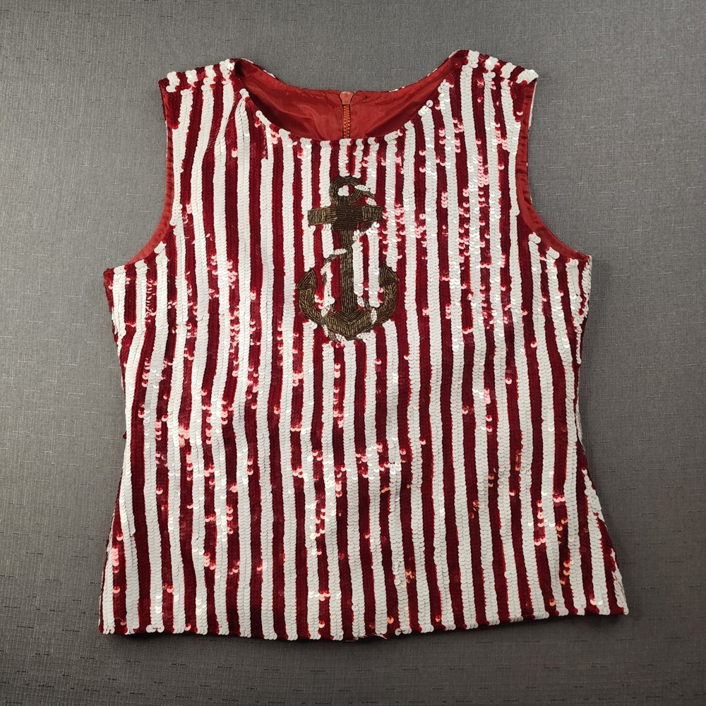 Vintage Unbranded Sequin Nautical Beaded Anchor Red White Striped Zip Back Top